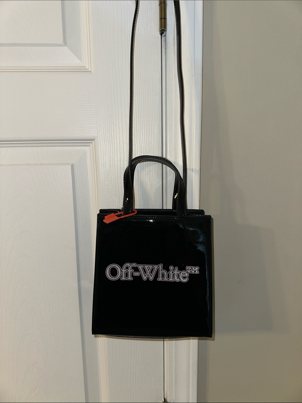 Off-White Black Patent Leather Mini Tote with Logo and Red Zip Tag